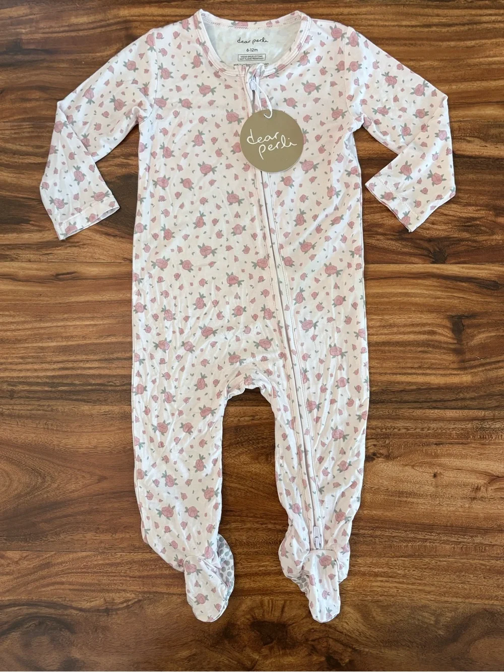NWT Dear Perli Baby Girl Bamboo Footie Zippered 1 Piece Rosie Posie 6-12 Months - Picture 3 of 9